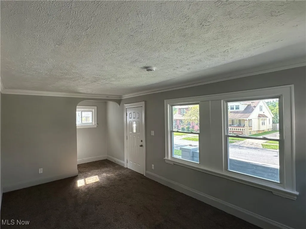 Carpeted entryway featuring arched walkways, crown molding, and a textured ceiling