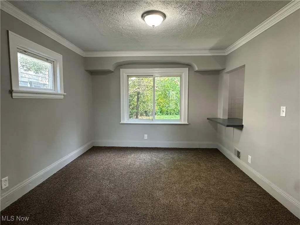 Unfurnished room featuring dark colored carpet, a textured ceiling, and ornamental molding
