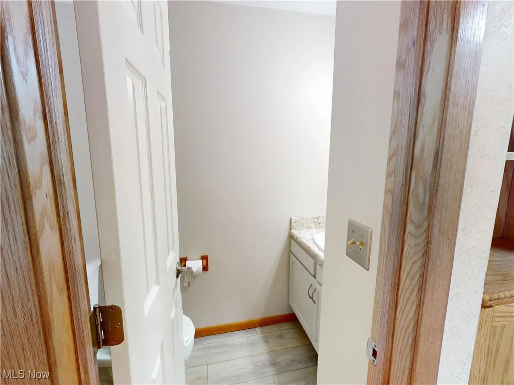 Bathroom with vanity and light wood-type flooring