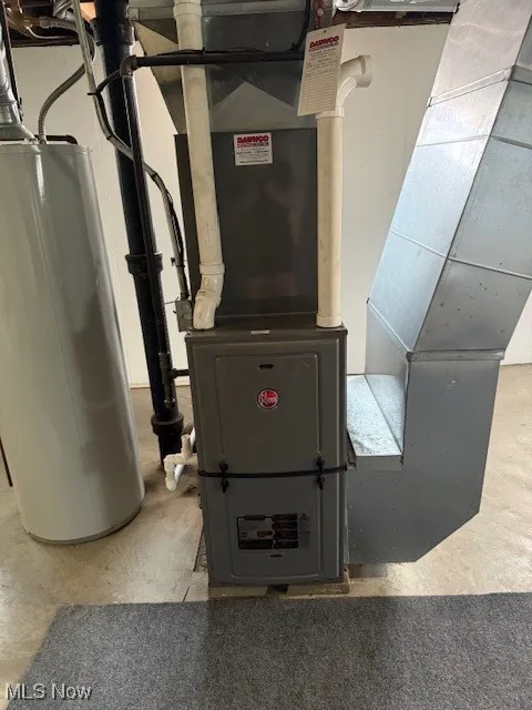Utility room featuring water heater and heating unit