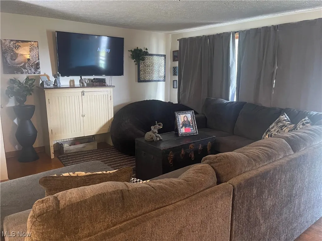 Living room featuring a textured ceiling and wood finished floors