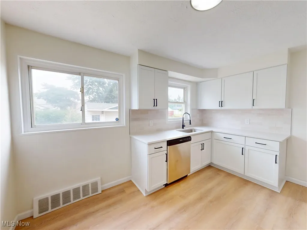 Kitchen featuring light wood-type flooring, dishwasher, light countertops, and tasteful backsplash