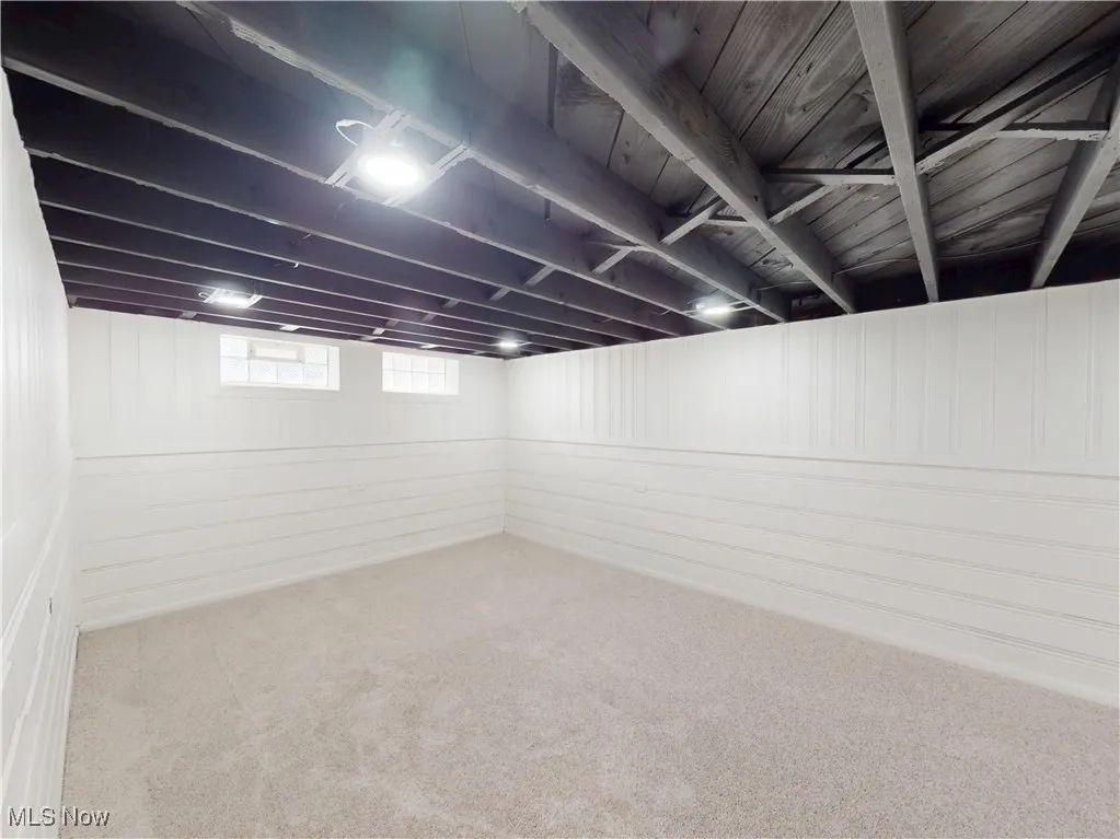 Basement with carpet flooring