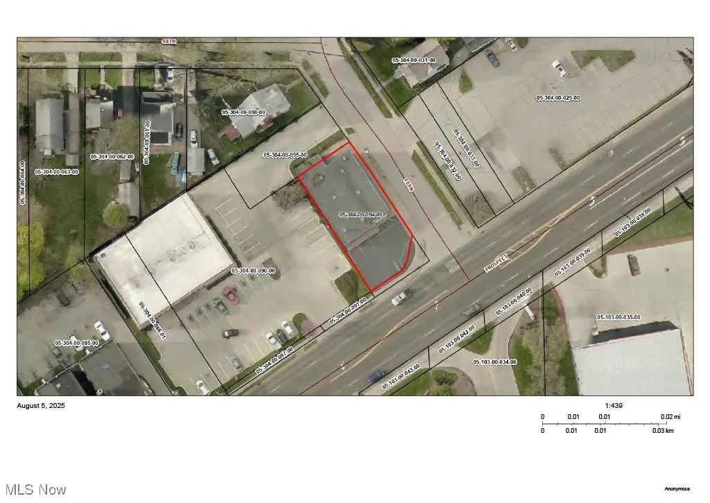 Aerial map of property and surrounding area with property parcel outlined