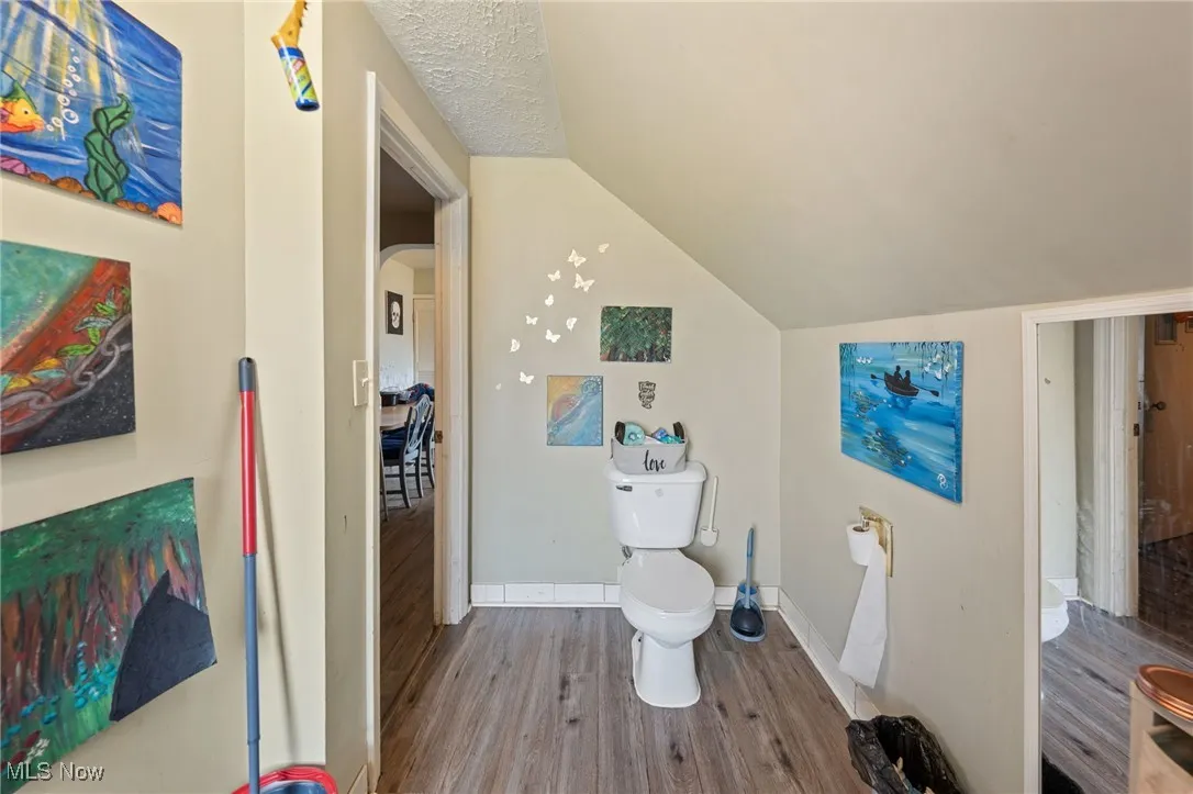 Bathroom with wood finished floors, lofted ceiling, and a textured ceiling