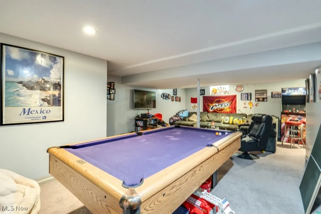 Playroom featuring billiards and carpet floors
