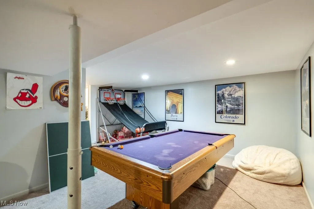 Recreation room featuring pool table, carpet, and recessed lighting