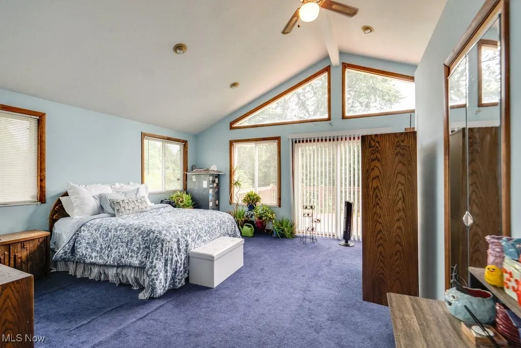 Carpeted bedroom with a ceiling fan