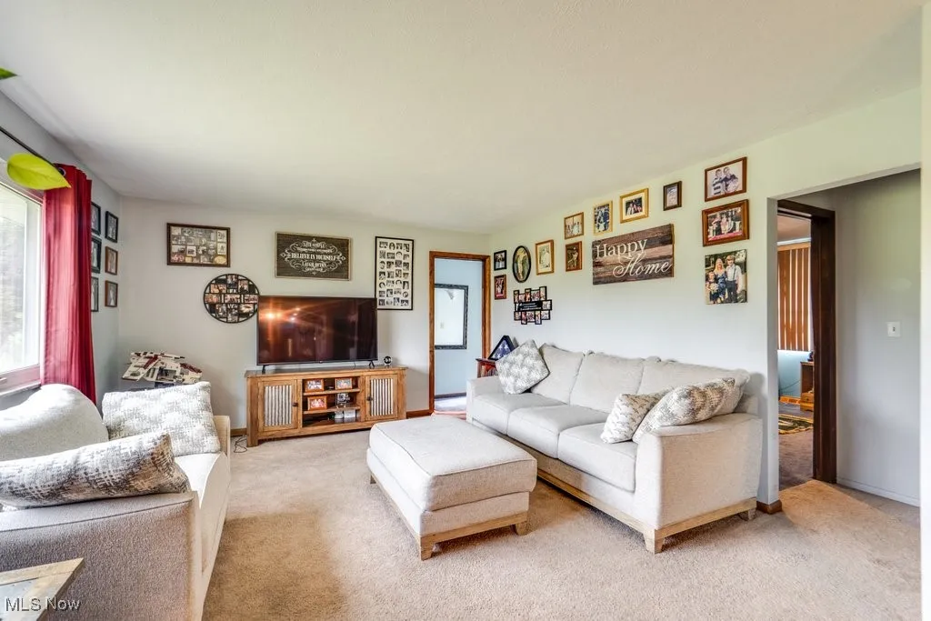 Living area featuring light colored carpet and baseboards