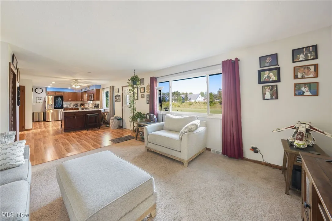 Living room featuring light carpet and ceiling fan
