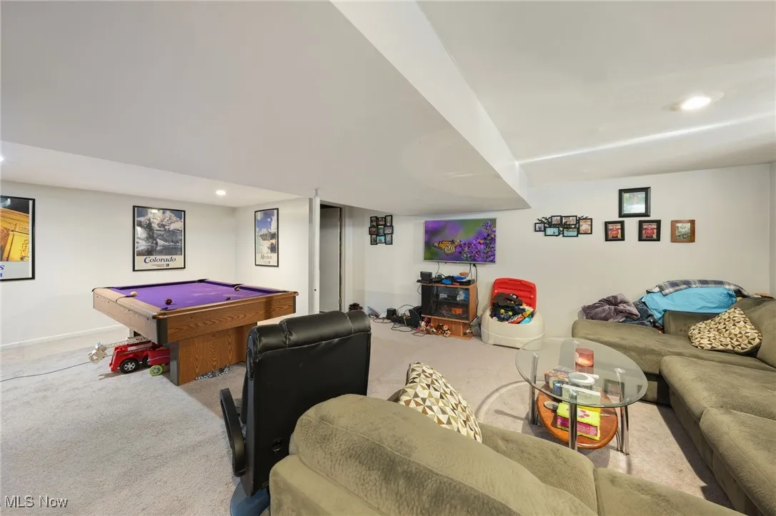 Game room with recessed lighting, carpet flooring, and billiards table