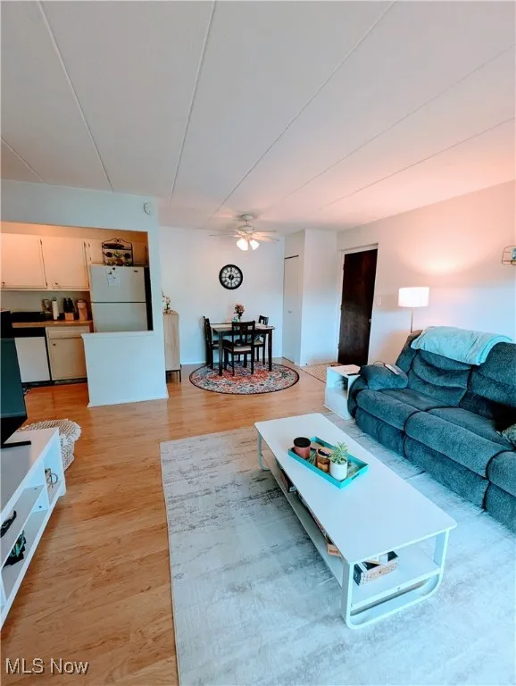 Living room with laminate flooring and ceiling fan