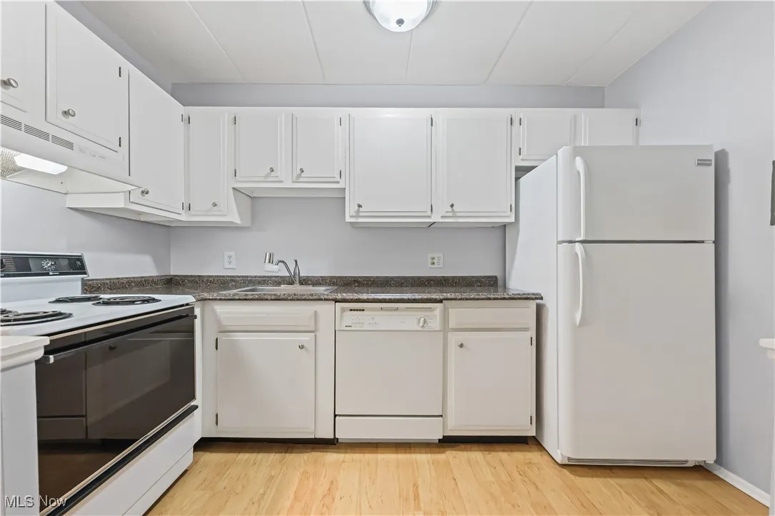 Kitchen featuring white appliances, light wood-type flooring, dark countertops, and under cabinet range hood