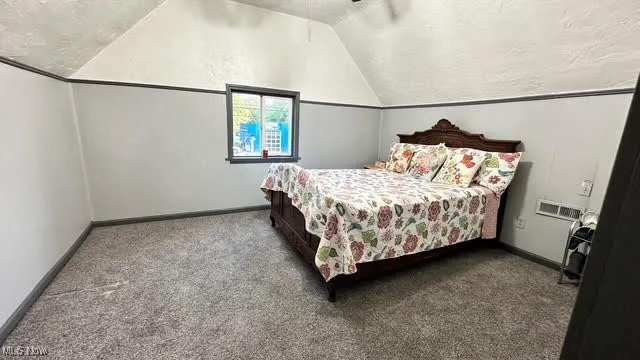 Second floor Bedroom featuring carpet, vaulted ceiling, a ceiling fan, and a textured ceiling