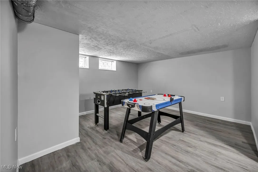 Rec room featuring wood finished floors and baseboards