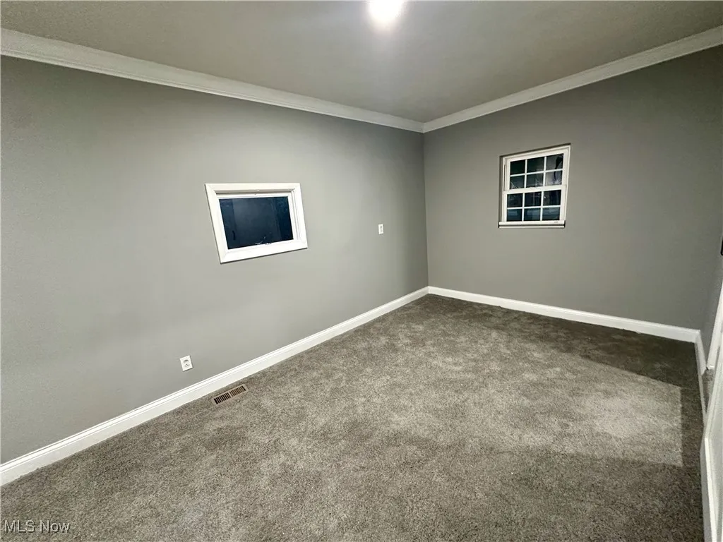 Carpeted spare room with crown molding and baseboards