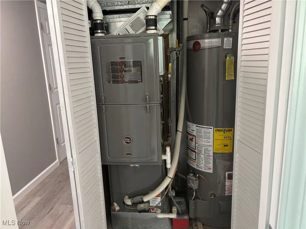 Utility room featuring gas water heater and heating unit
