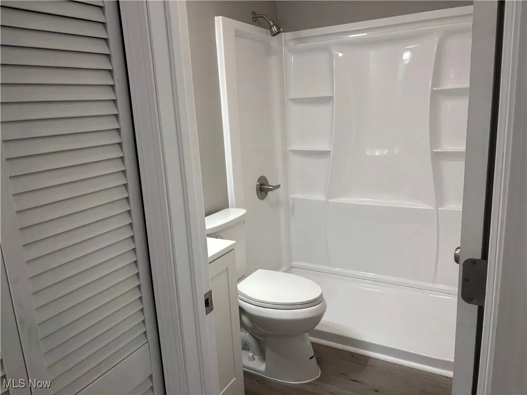 Full bath featuring wood finished floors, a shower, and vanity