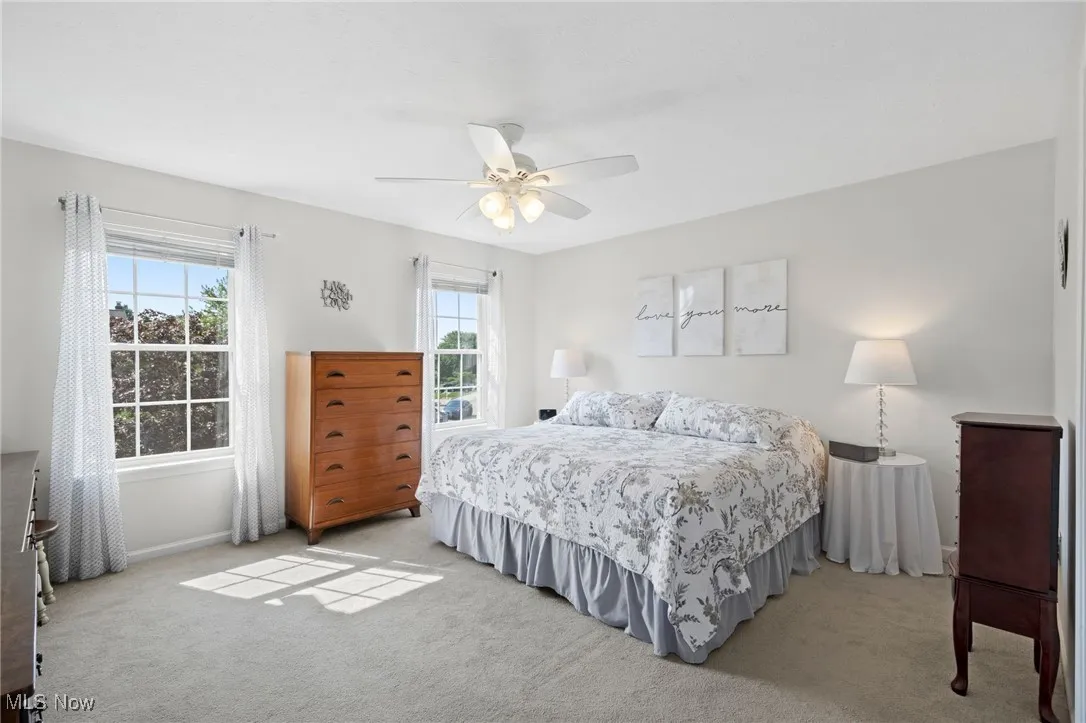 Large Primary Bedroom with light carpet and a ceiling fan
