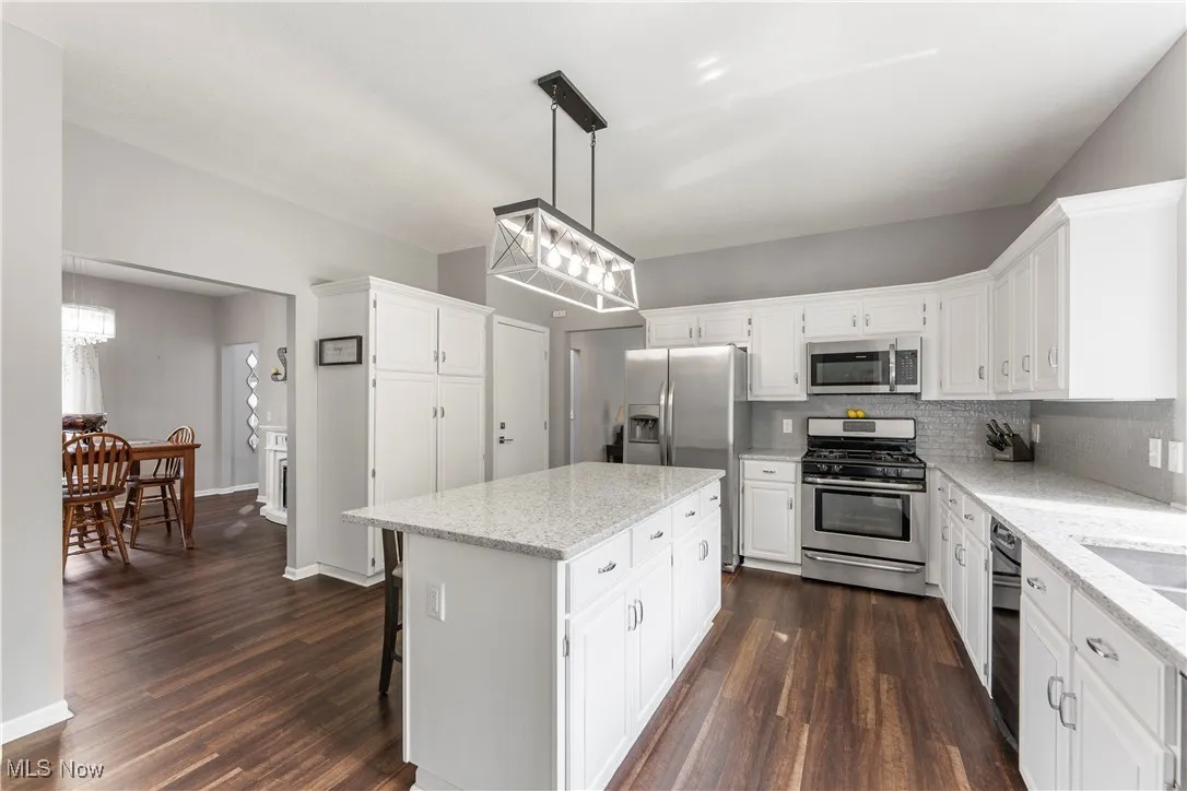 Kitchen with decorative backsplash, a chandelier, dark wood-type flooring, and stainless steel appliances