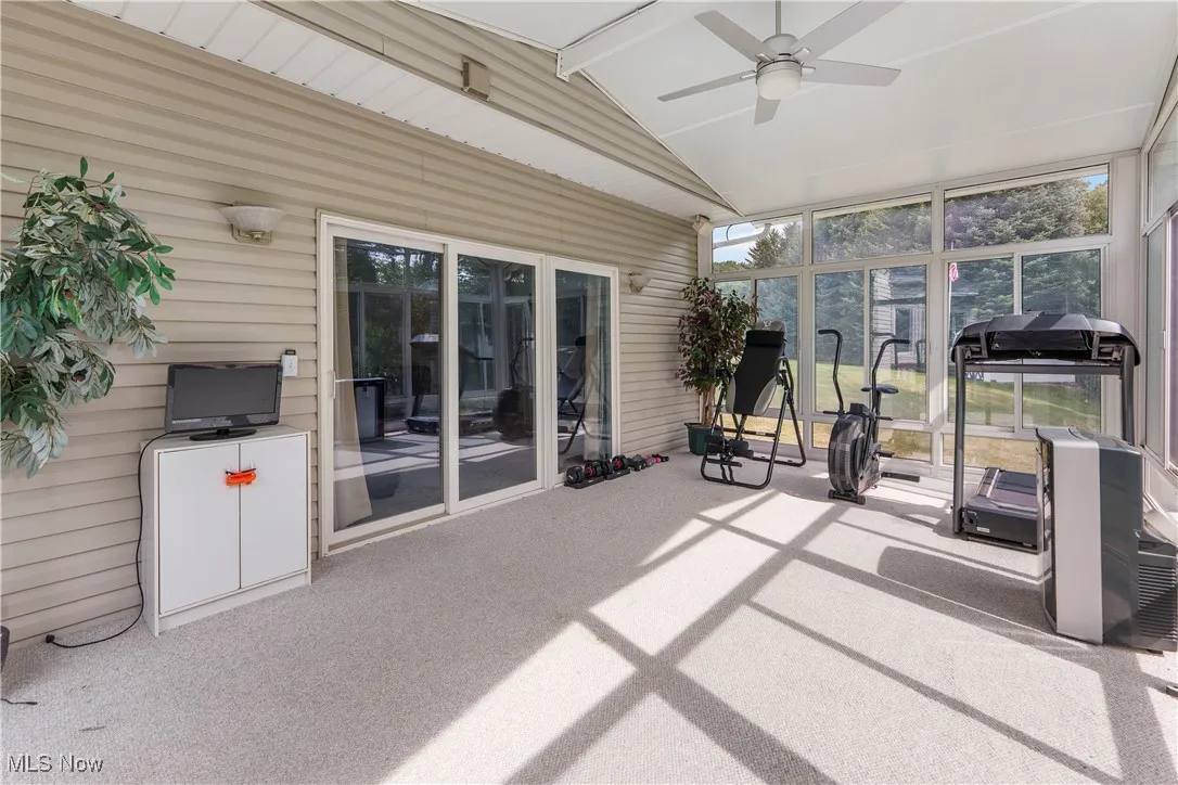 Exercise area featuring carpet flooring, vaulted ceiling, and ceiling fan