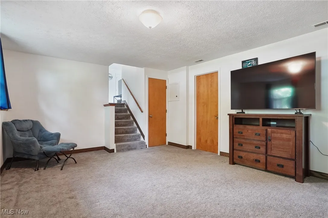 Family room with carpet, stairs, and access to laundry/bathroom/storage area