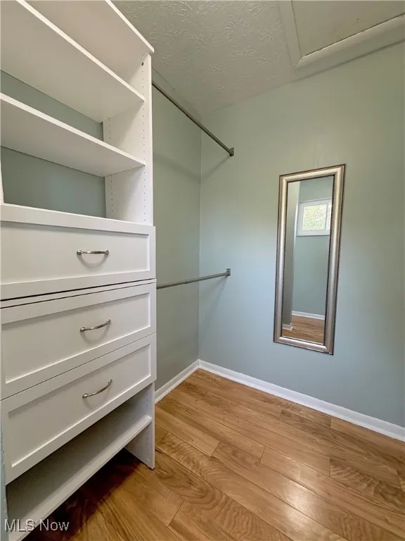 Walk in closet with wood finished floors