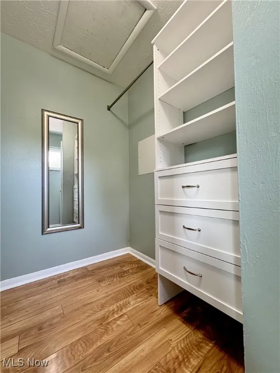 Walk in closet with wood finished floors