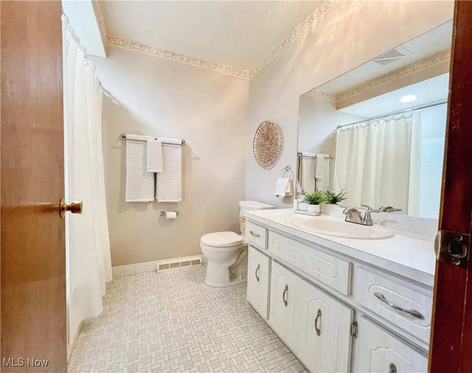 Full bathroom featuring vanity and a shower with shower curtain