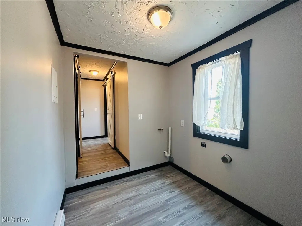 Washroom with light wood finished floors, a textured ceiling, ornamental molding, and electric dryer hookup, additional living space