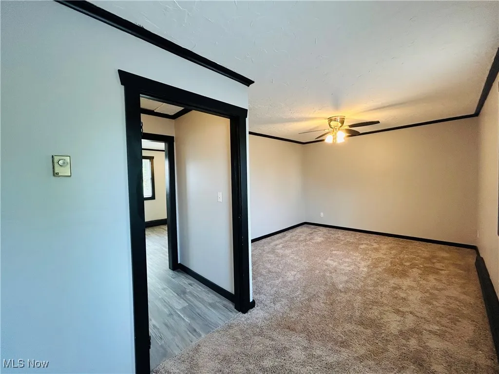 Carpeted empty room with crown molding and ceiling fan, additional living suite.
