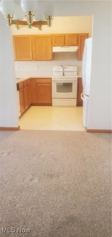Kitchen featuring range, light carpet, ventilation hood, fridge, and light countertops