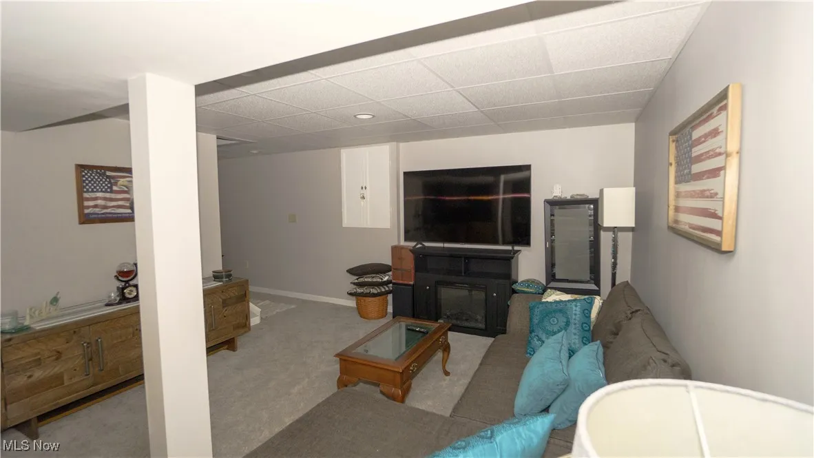 Bonus basement family room with carpet, a drop ceiling, and a glass covered fireplace