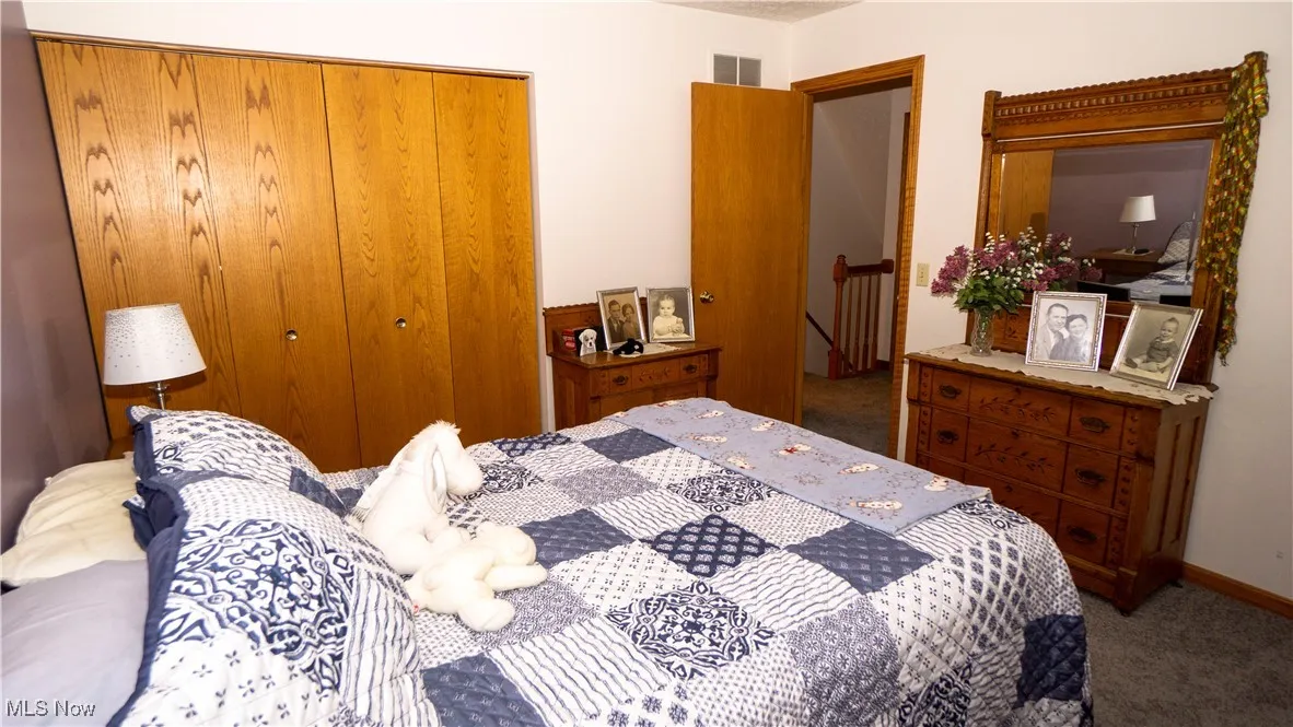 Carpeted bedroom featuring a closet