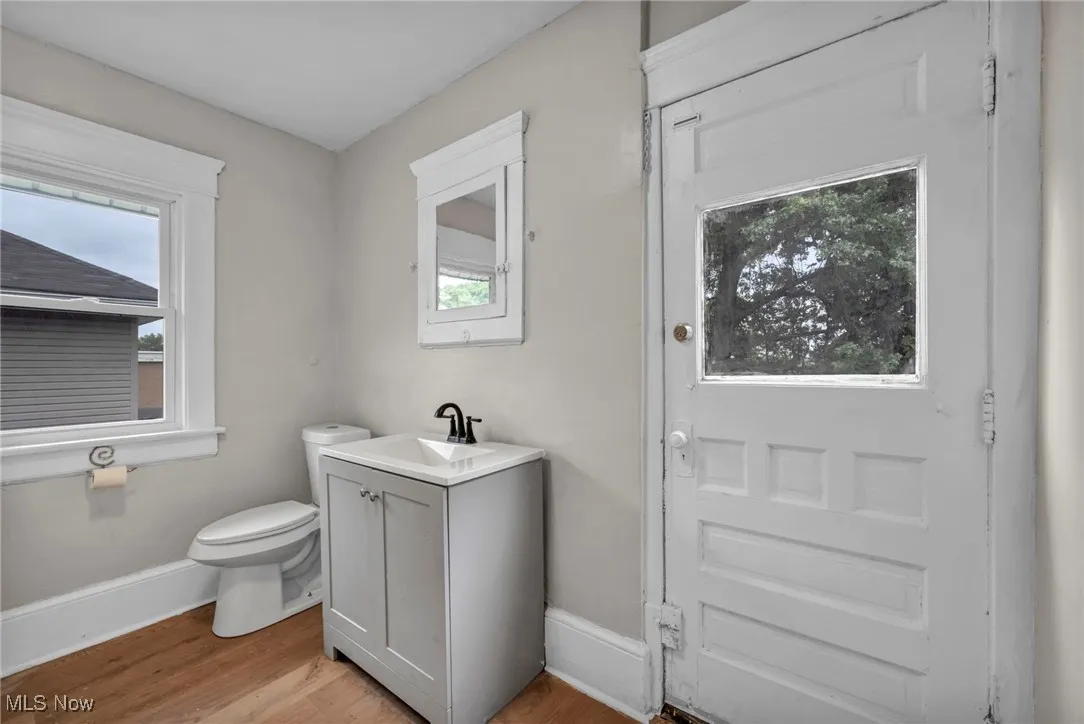 Bathroom with vanity, wood finished floors, and plenty of natural light
