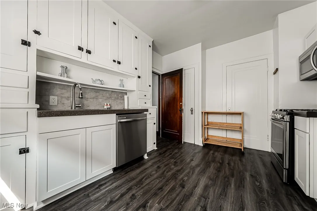Kitchen with open shelves, tasteful backsplash, dark countertops, dark wood-type flooring, and appliances with stainless steel finishes
