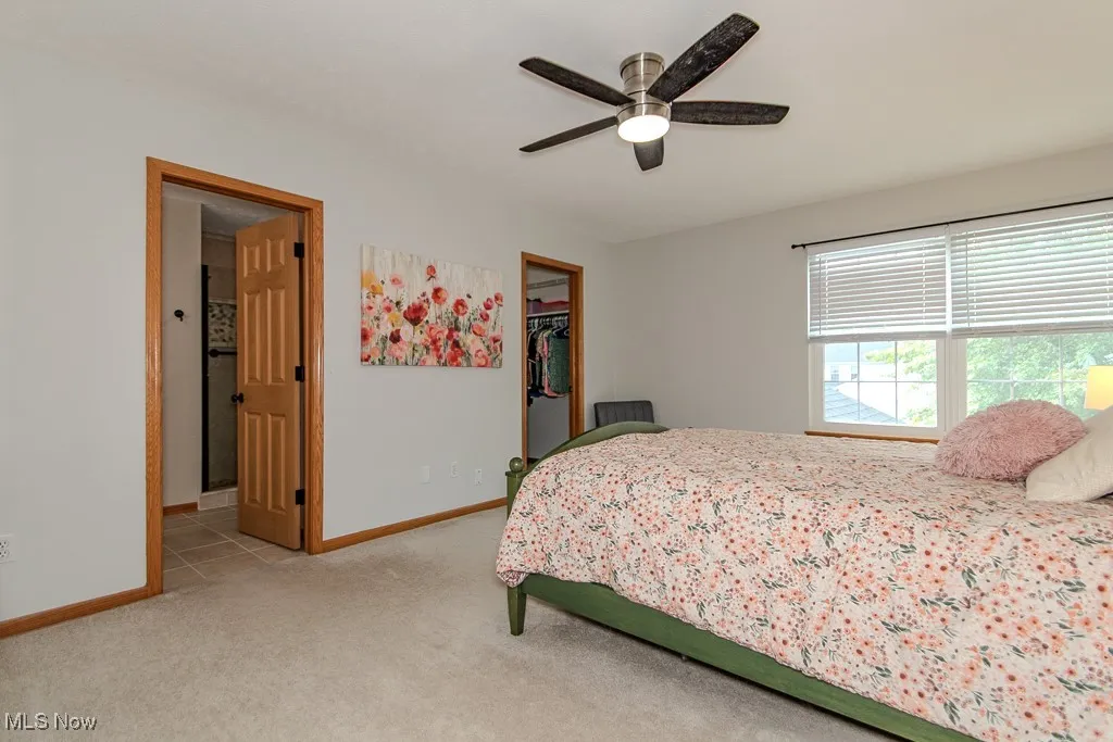 Bedroom with light carpet, a spacious closet, and ceiling fan
