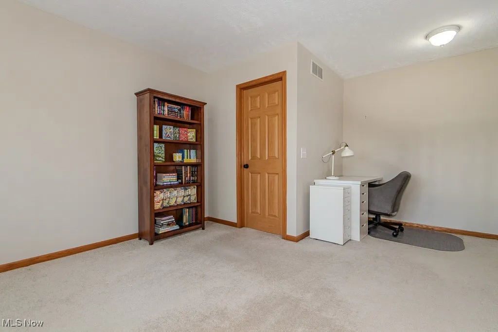 Office area with light colored carpet and baseboards