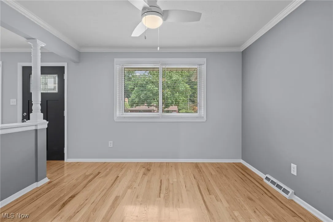 Spare room featuring ornamental molding, plenty of natural light, light wood finished floors, and ceiling fan