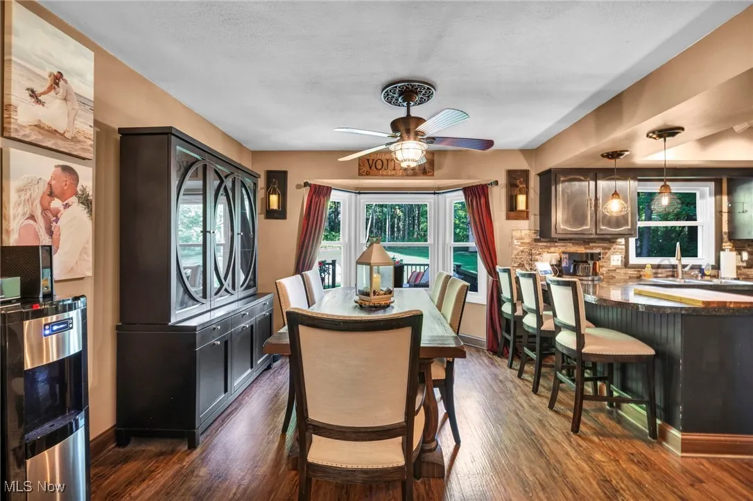 Dining room featuring healthy amount of natural light, dark wood-style floors, and ceiling fan