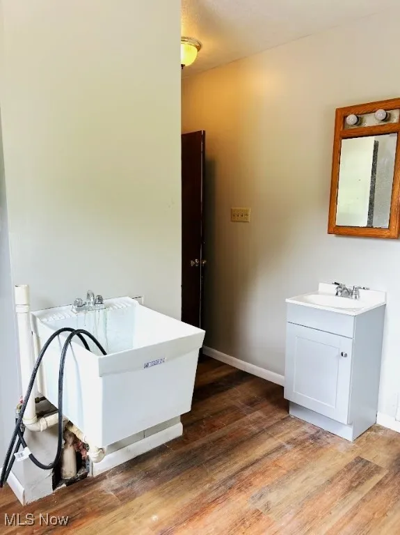 Bathroom featuring vanity and wood finished floors