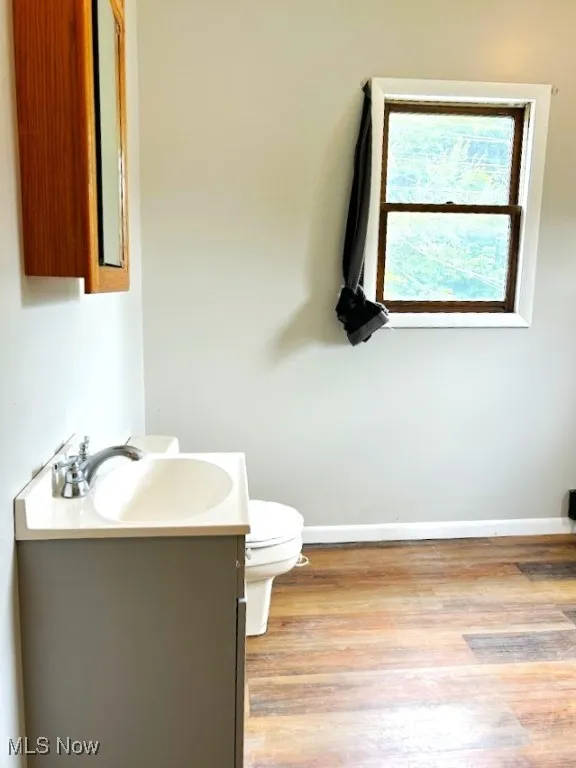 Half bathroom featuring vanity and wood finished floors