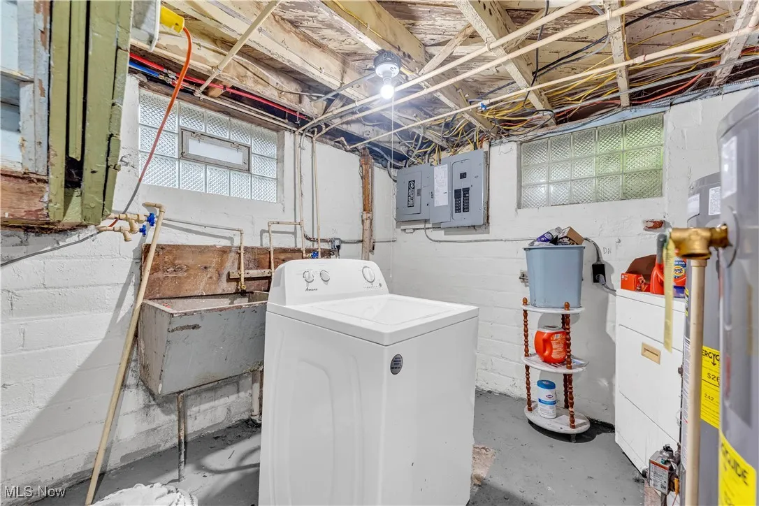 Laundry area with washer / dryer, gas water heater, and electric panel