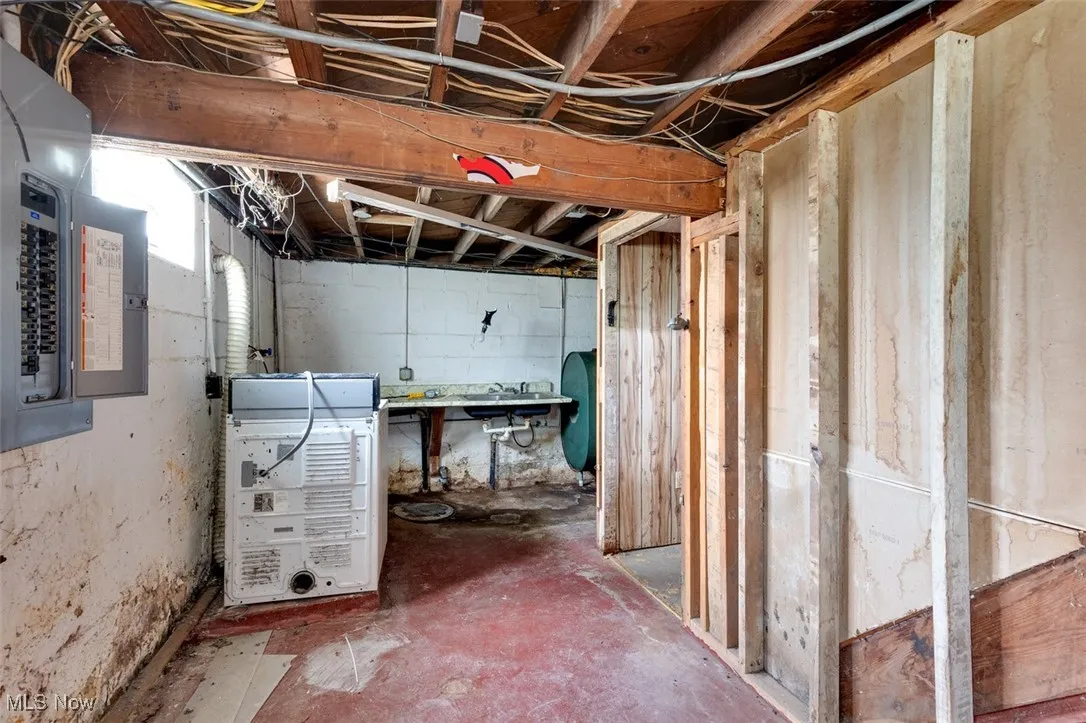 Unfinished below grade area with electric panel and heating fuel