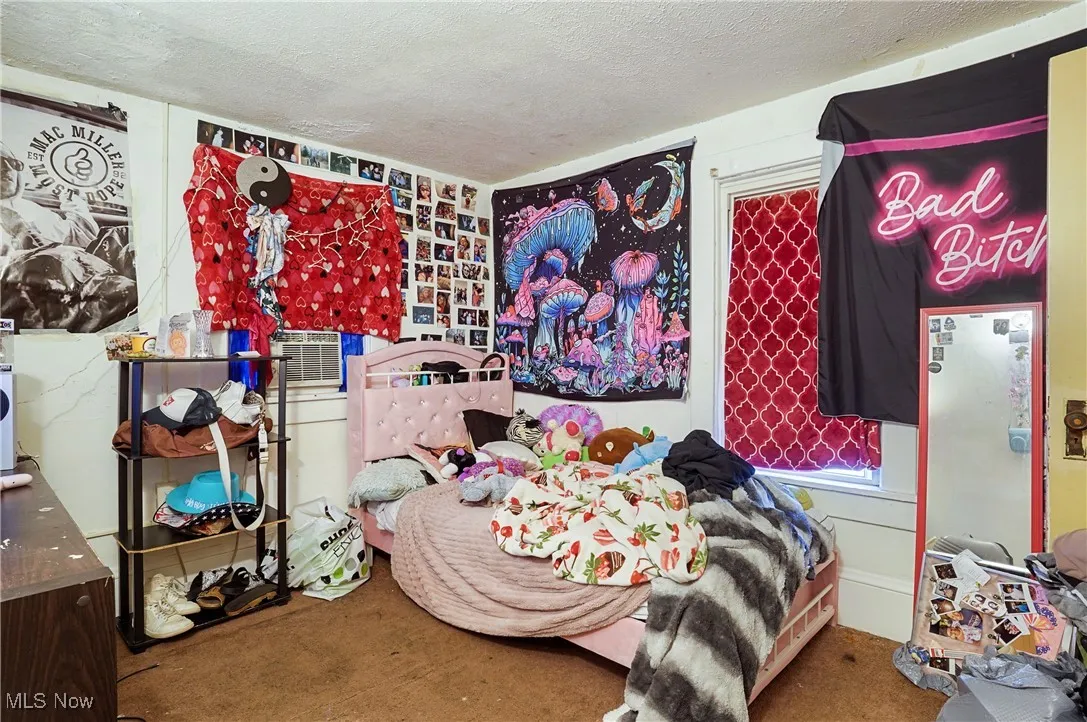Carpeted bedroom with a textured ceiling