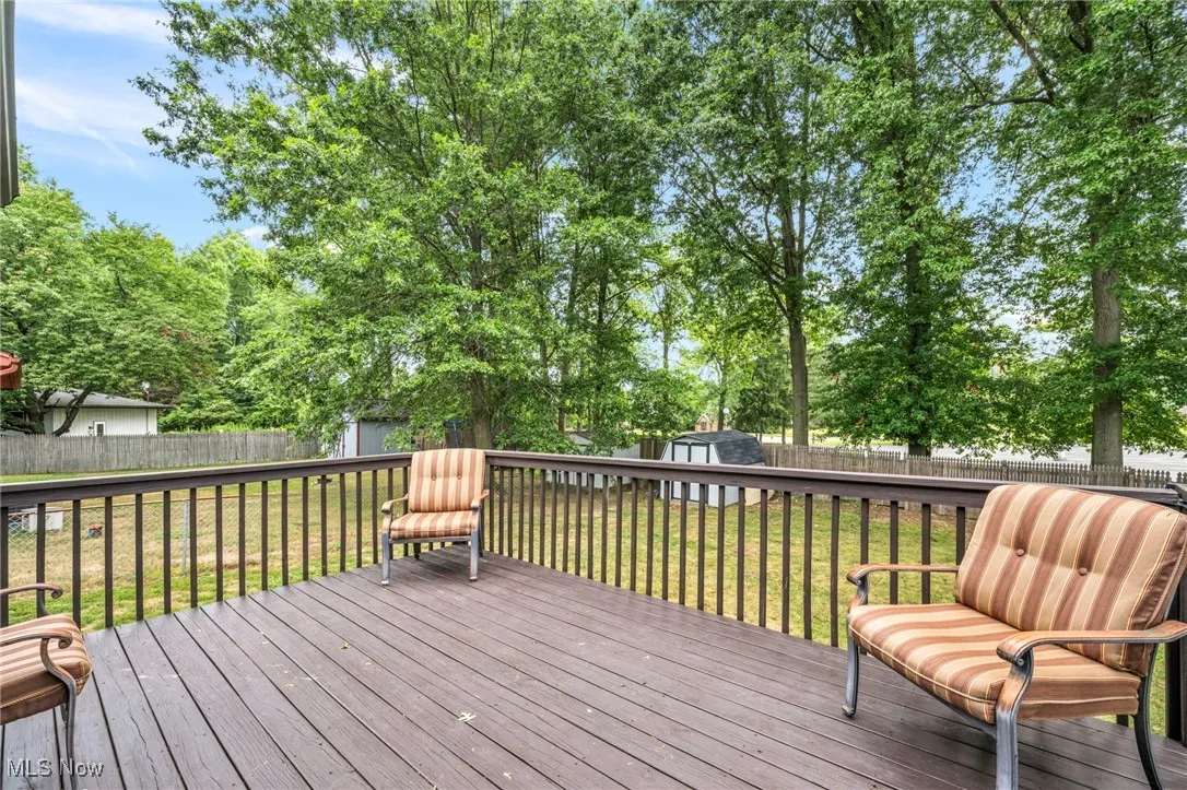 Deck featuring a shed and a fenced backyard