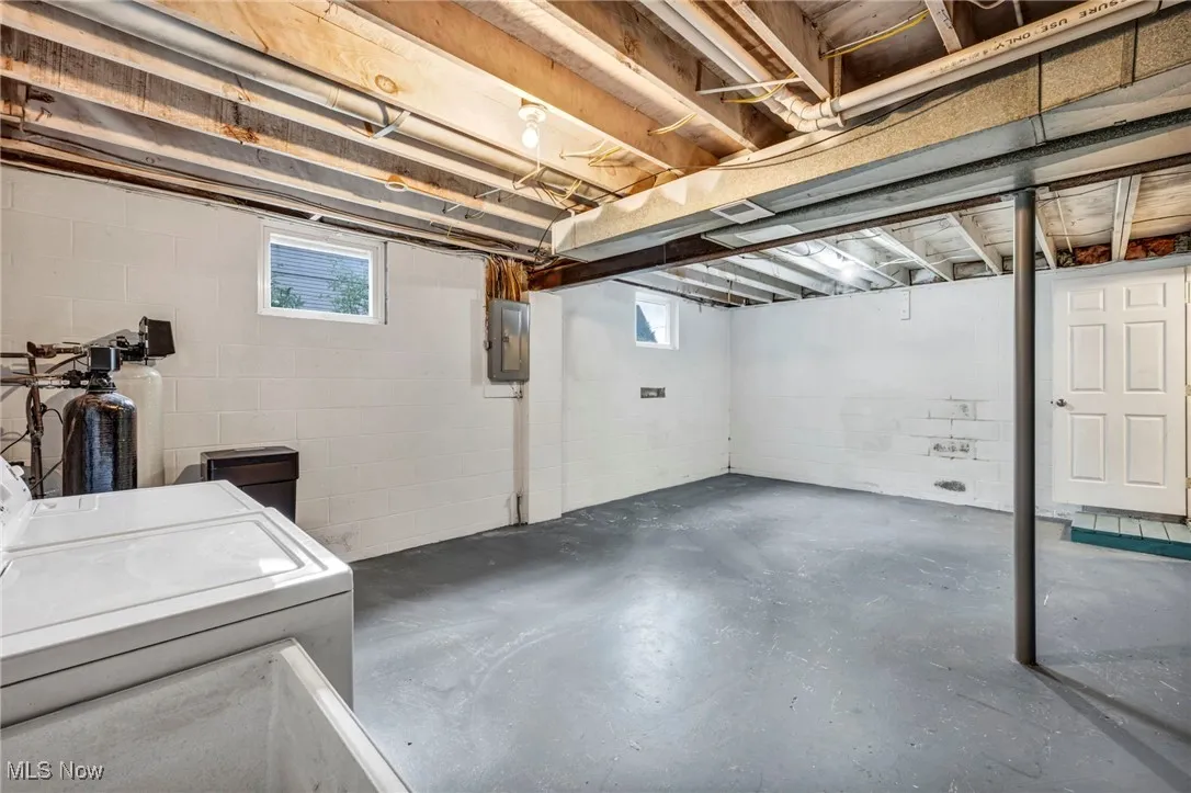 Basement featuring washer and clothes dryer and electric panel