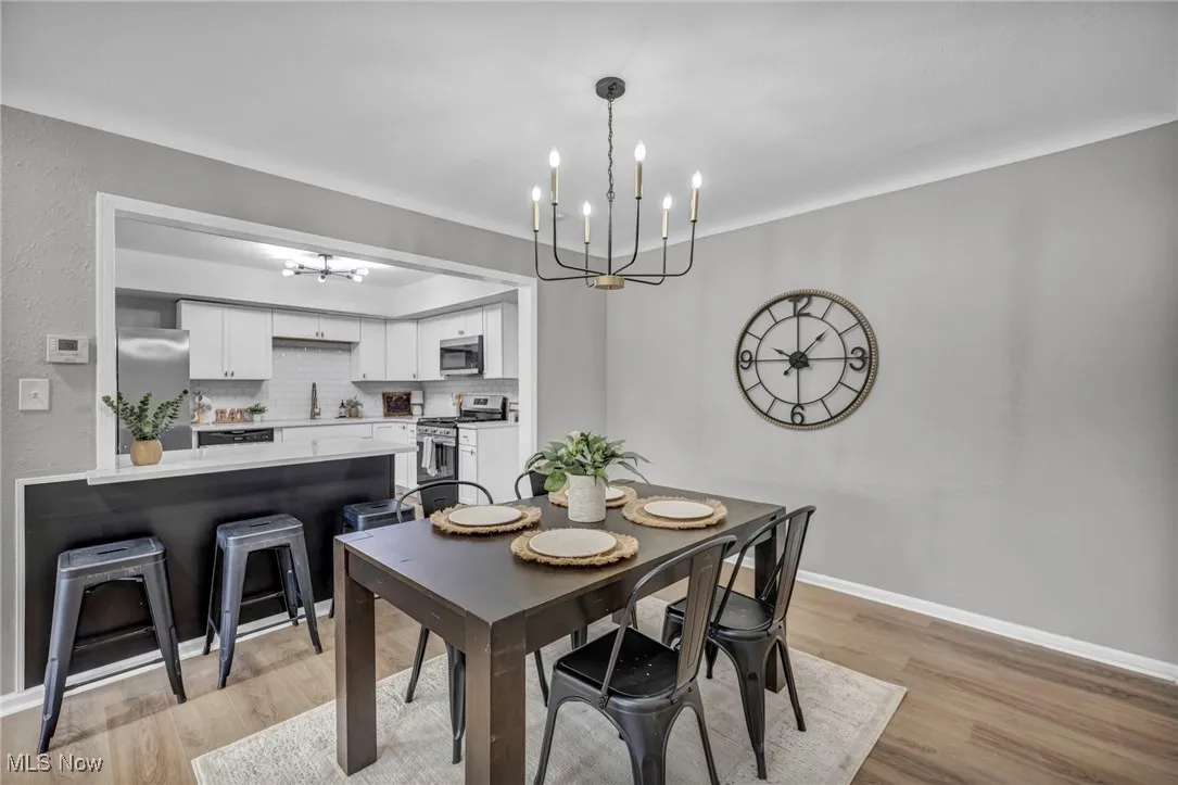Dining space featuring a chandelier and light wood-type flooring