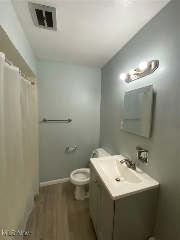 Full bath featuring wood finished floors, vanity, and a shower with curtain