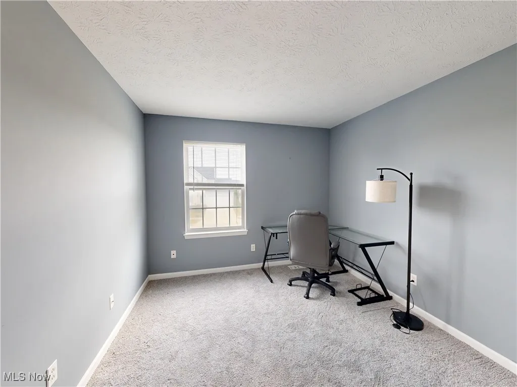 Office with carpet and a textured ceiling